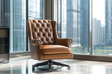 Poster - Luxurious Leather Executive Chair with Skyline View in Corporate Office  