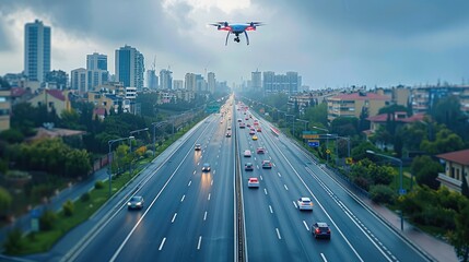 Poster - Highway With Cars And A Drone Flying Over The City.