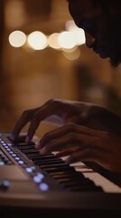 Canvas Print - A musician's hands play a keyboard, creating music in a softly lit environment.