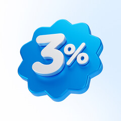 blue three percent or 3 % discount number isolated on white background. 3d render