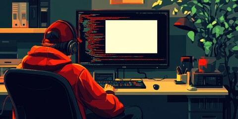 Poster - A person coding at a computer, surrounded by plants and office supplies in a dimly lit room.