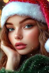 Beautiful woman wearing Santa claus costume and hat. Generative Ai