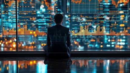 Poster - Business professional analyzing data trends at night in a high-rise office with city view