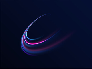 Lines in the shape of a comet against a dark background. Illustration of high speed concept. Motion light effect for banners. Fast speed car. Curved light trail stretched upward.