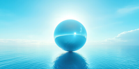 Poster - A large blue sphere is floating on the surface of a calm blue ocean