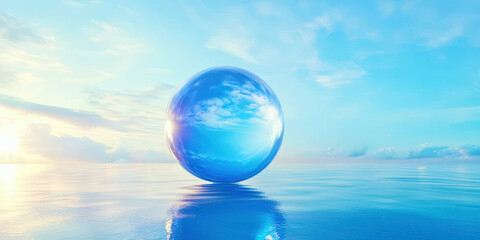 Poster - A large blue sphere is floating on the surface of the water