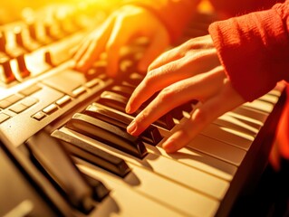 Wall Mural - Hands playing a keyboard with a warm, glowing background.