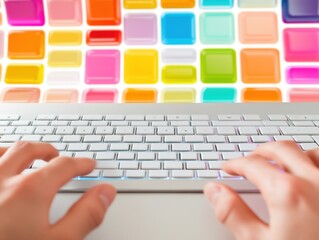 Wall Mural - A person's hands typing on a keyboard with a colorful background of squares.