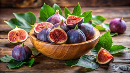 Wall Mural - A Rustic Still Life of Freshly Harvested Figs in a Wooden Bowl Surrounded by Lush Green Leaves