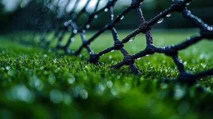 Poster - Dew glistens on a soccer net as the lush green grass fields stretch beyond, capturing the tranquility of a fresh morning.