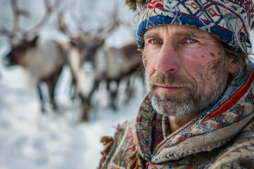 Generated AI image of mature man standing with reindeer animal