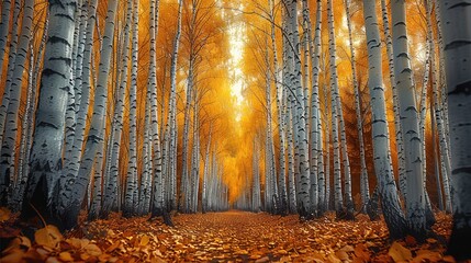Poster - A birchwood autumn forest, magical and tranquil, Fall Foliage.