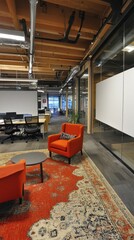 Wall Mural - Modern office space featuring orange chairs, a rug, and a collaborative atmosphere.