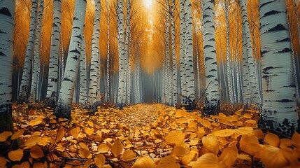Poster - A birchwood autumn forest, magical and tranquil, Fall Foliage.