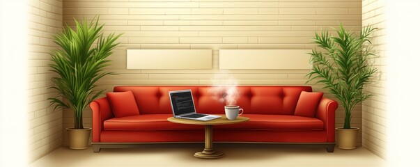 Sticker - Cozy living space with a red sofa, laptop, and steaming cup on a table.