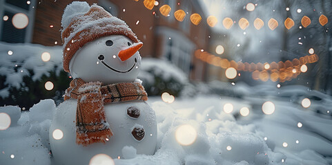 Aufkleber - Snow man in the snow, background Merry Christmas.