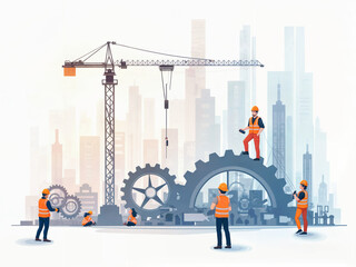 Poster - construction process abstract illustration, industrial team at work with huge mechanism. Generative AI