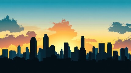 Canvas Print - A vibrant sunset silhouette of a city skyline with colorful clouds.