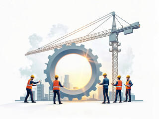 Poster - construction process abstract illustration, industrial team at work with huge mechanism. Generative AI
