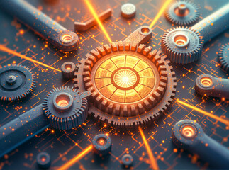 Poster - construction process abstract illustration, industrial team at work with huge mechanism. Generative AI
