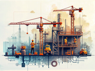 Poster - construction process abstract illustration, industrial team at work with huge mechanism. Generative AI