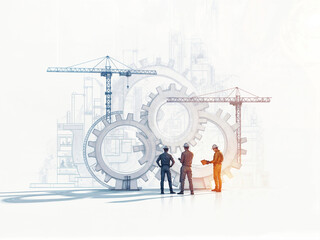 Poster - construction process abstract illustration, industrial team at work with huge mechanism. Generative AI