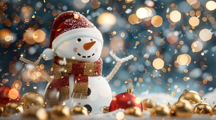 Aufkleber - A mockup of a Christmas greeting card featuring a 3D snowman holding a banner, The background is a festive winter holiday backdrop with gold confetti and a funny.