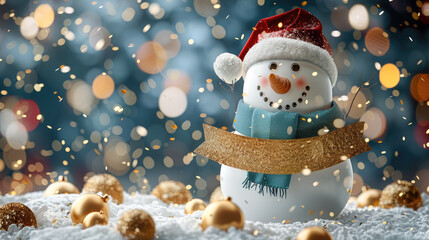 Aufkleber - A mockup of a Christmas greeting card featuring a 3D snowman holding a banner, The background is a festive winter holiday backdrop with gold confetti and a funny.