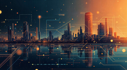 Poster - abstract background digital lines construction night city neon lights industry and technology. Generative AI