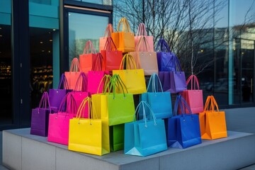 Shopping Bag Display: A stack of colorful shopping bags, each labeled with different percentages off, arranged in a pyramid near the store entrance