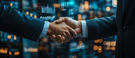 Closeup of two businessmen shaking hands in an office, digital graphs and growth icons floating around, symbolizing collaborative success through advanced technology integration