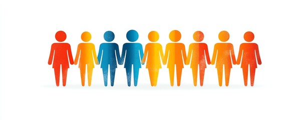 Illustration featuring a group of stylized people, created with basic shapes and solid colors, standing united on a clean white background, representing diversity and cooperation