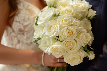 A bride is holding a bouquet of white roses