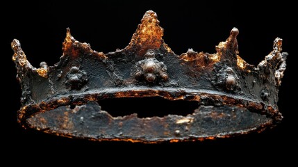 A weathered, tarnished gold crown with a chipped section, isolated on a black background.