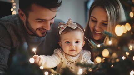 Young parents having fun decorating Christmas tree with their cute little baby girl, placing Christmas lights on it while decorating home for winter holiday season