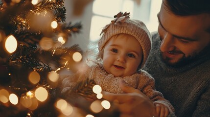 Young parents having fun decorating Christmas tree with their cute little baby girl, placing Christmas lights on it while decorating home for winter holiday season