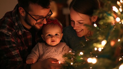 Young parents having fun decorating Christmas tree with their cute little baby girl, placing Christmas lights on it while decorating home for winter holiday season