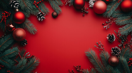 Wall Mural - a red background with a red border and a red christmas tree with red ornaments