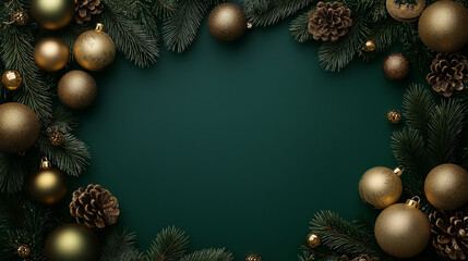 Wall Mural - beautiful green christmas background with a border of fir branches, golden christmas toys, stars and