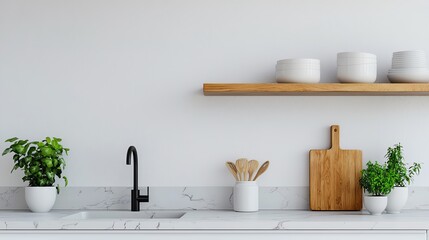 Wall Mural - Modern kitchen with plants, wooden cutting board, and minimalist decor.