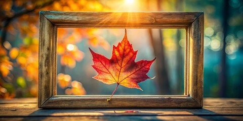 Sticker - A single vibrant autumn leaf, framed by sunlight and wood, stands in stark contrast against a blurred background of fallen leaves.