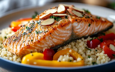 Closeup of a healthy meal with salmon fillet and sliced almonds, plated with colorful bell peppers and couscous, showcasing vibrant ingredients, high detail