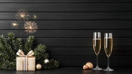 A festive arrangement featuring two champagne glasses, a present, and holiday decorations against a dark wooden backdrop.