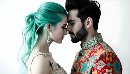 Eccentric Caucasian bride with teal hair and South Asian groom in a colorful kurta isolated on a white background