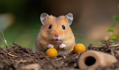 a cute hamster sitting on the ground with two small balls in front of it.