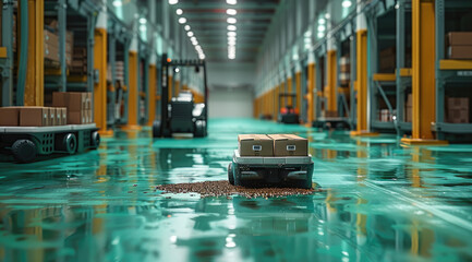 Poster - Liquor factory environment, AGV cart, brown dirt on the AGV cart, green matte polyurethane floor.