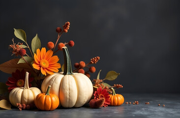 Wall Mural - white pumpkins and orange flowers composition on dark grey background with copy space on the right