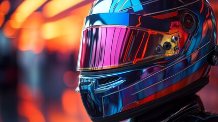 Poster - A highly reflective racing helmet showcases an array of colors, capturing the dynamic atmosphere of a nighttime motorsport event, emphasizing both style and technology.