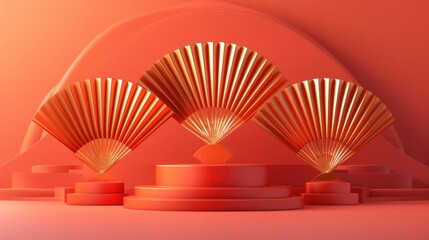 Aufkleber - 3D rendering of fan-shaped display stand in a red and gold color scheme, with a minimalist, symmetrical composition. The stand has a red platform with three fans in the middle, a simple structure.