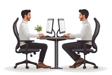 Two businessmen working on computers at the same desk